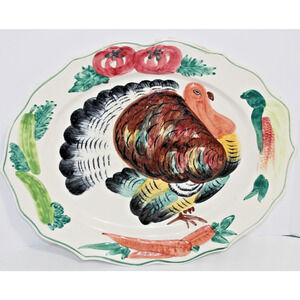 Vintage Italian Turkey Platter w/ Vegetable Border Hand Painted 18.5x15.5”